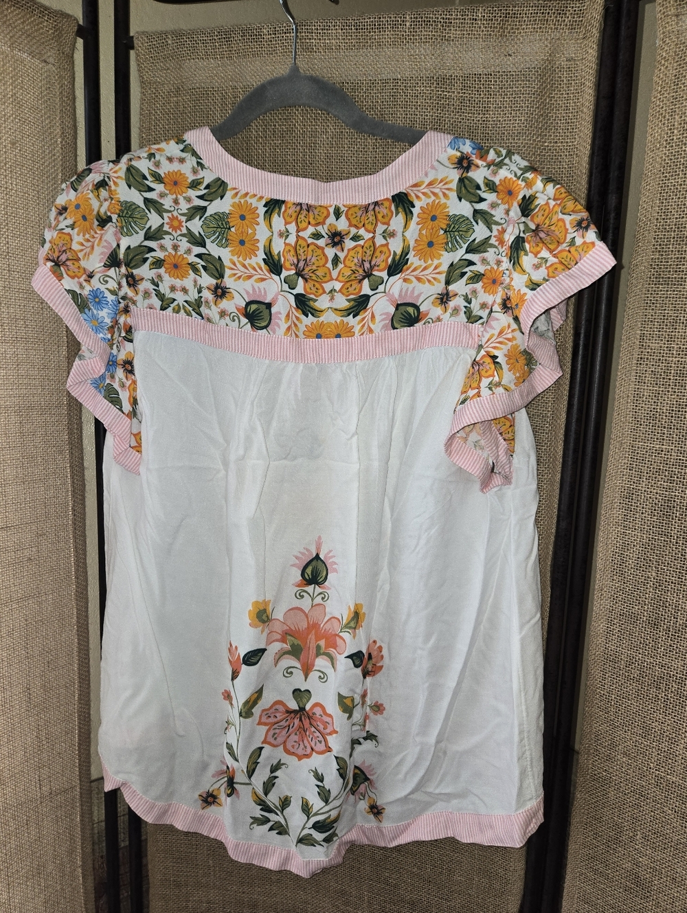Cato Multicolor Floral Stripe White & Pink Women’s V-Neck Top Boho Medium - Picture 9 of 9